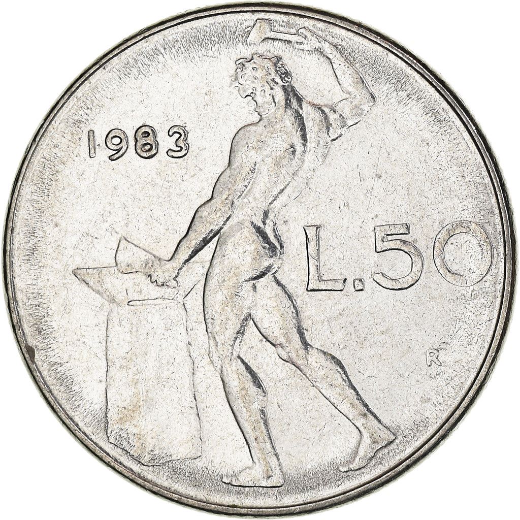 Italy Coin 50 Lire large type | God Vylcan | Anvil | Iron | Libertine | KM95.1 | 1954 - 1989