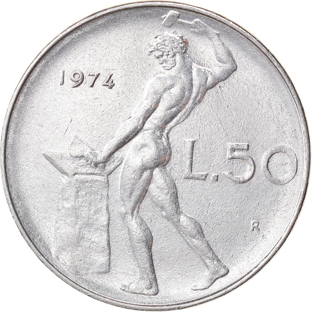 Italy Coin 50 Lire large type | God Vylcan | Anvil | Iron | Libertine | KM95.1 | 1954 - 1989