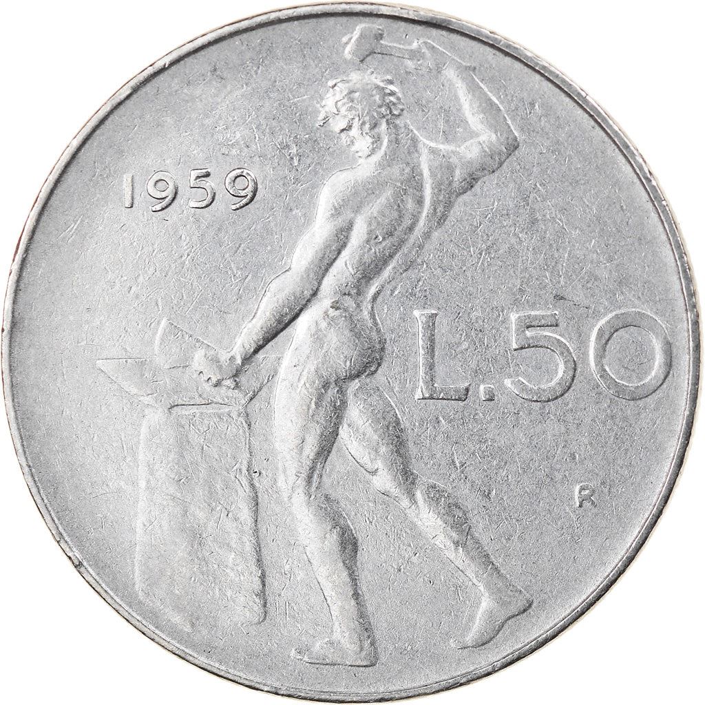 Italy Coin 50 Lire large type | God Vylcan | Anvil | Iron | Libertine | KM95.1 | 1954 - 1989