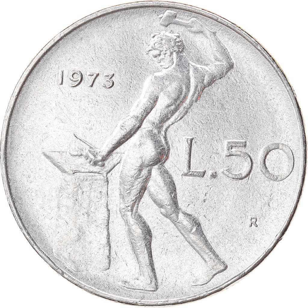 Italy Coin 50 Lire large type | God Vylcan | Anvil | Iron | Libertine | KM95.1 | 1954 - 1989