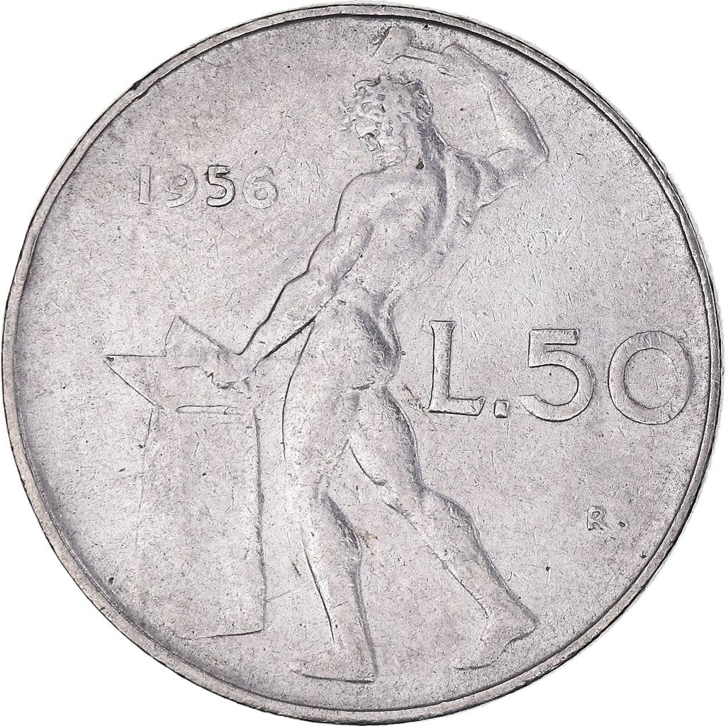 Italy Coin 50 Lire large type | God Vylcan | Anvil | Iron | Libertine | KM95.1 | 1954 - 1989