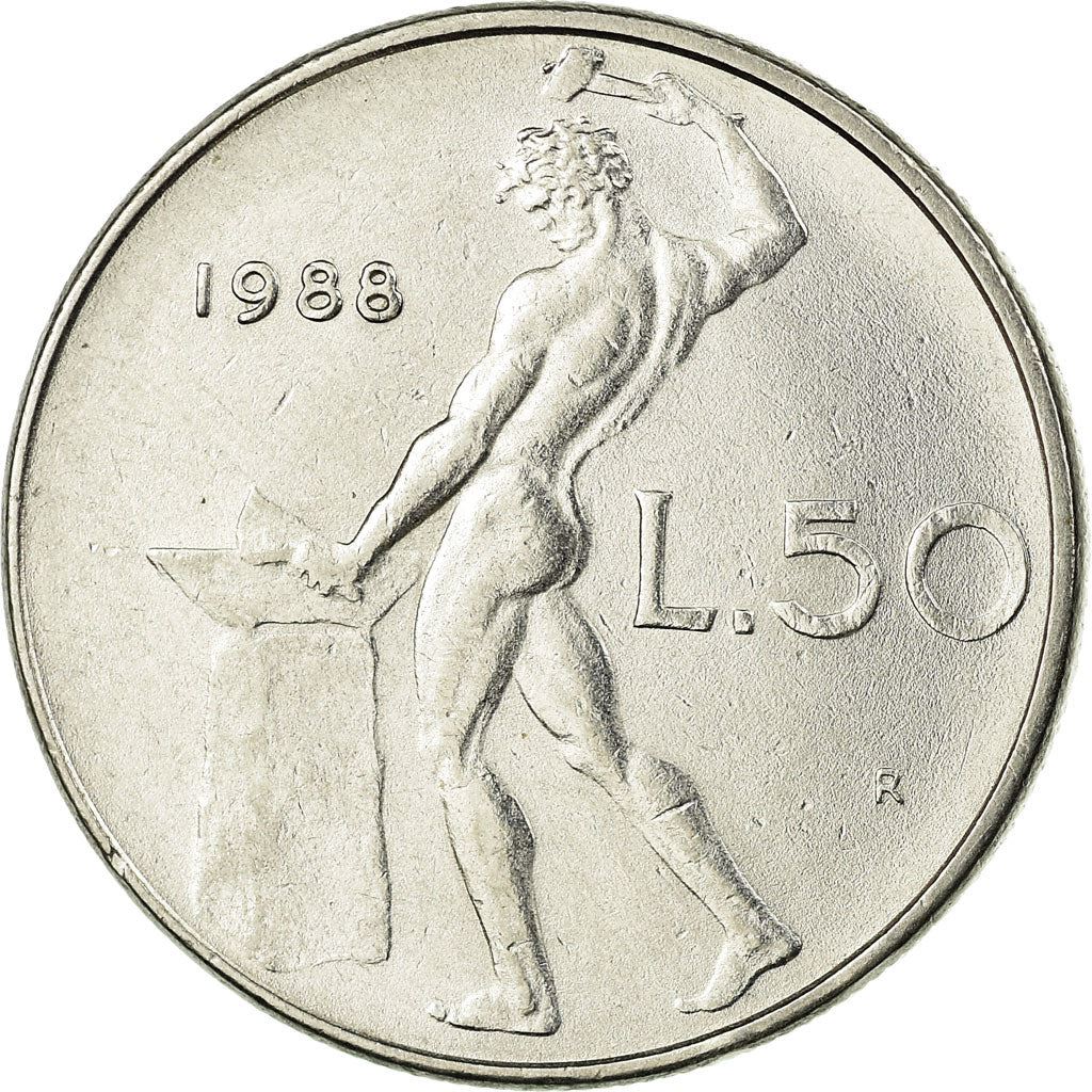 Italy Coin 50 Lire large type | God Vylcan | Anvil | Iron | Libertine | KM95.1 | 1954 - 1989