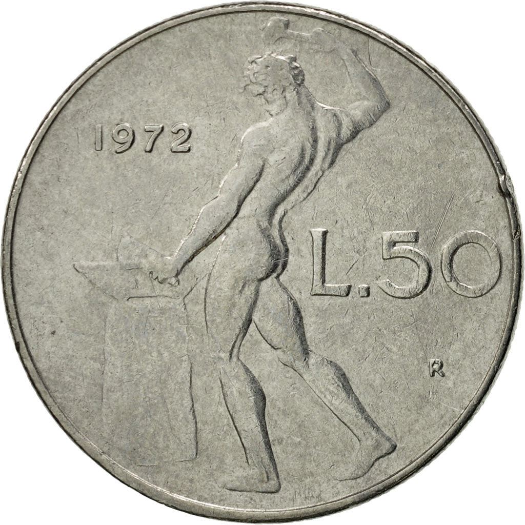Italy Coin 50 Lire large type | God Vylcan | Anvil | Iron | Libertine | KM95.1 | 1954 - 1989
