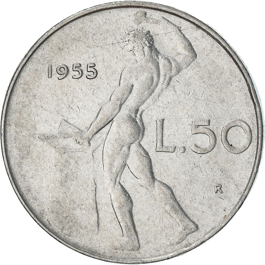Italy Coin 50 Lire large type | God Vylcan | Anvil | Iron | Libertine | KM95.1 | 1954 - 1989