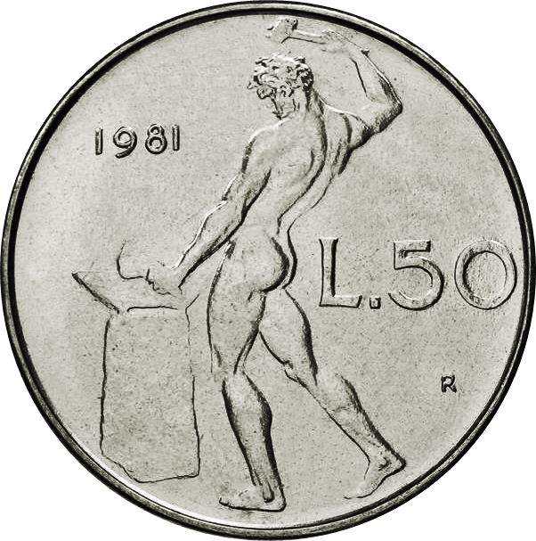 Italy Coin 50 Lire large type | God Vylcan | Anvil | Iron | Libertine | KM95.1 | 1954 - 1989