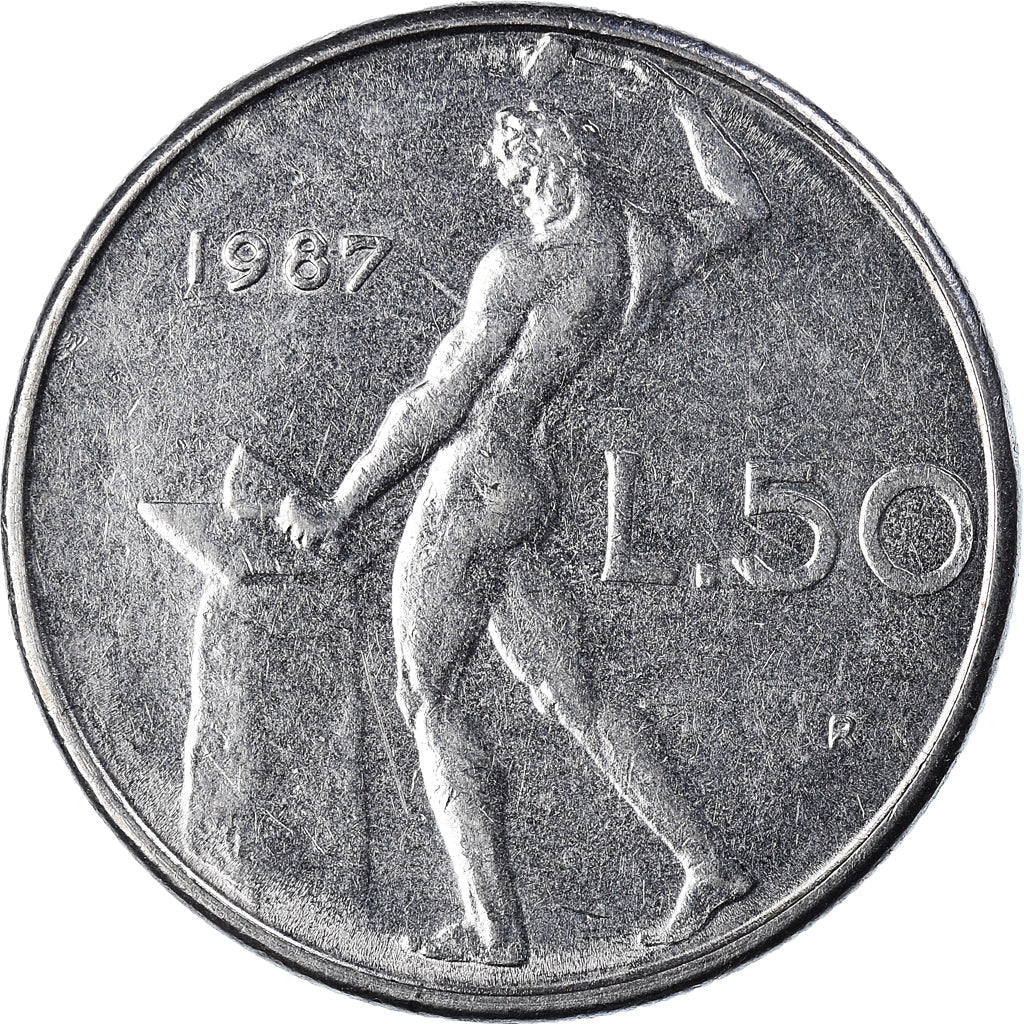 Italy Coin 50 Lire large type | God Vylcan | Anvil | Iron | Libertine | KM95.1 | 1954 - 1989