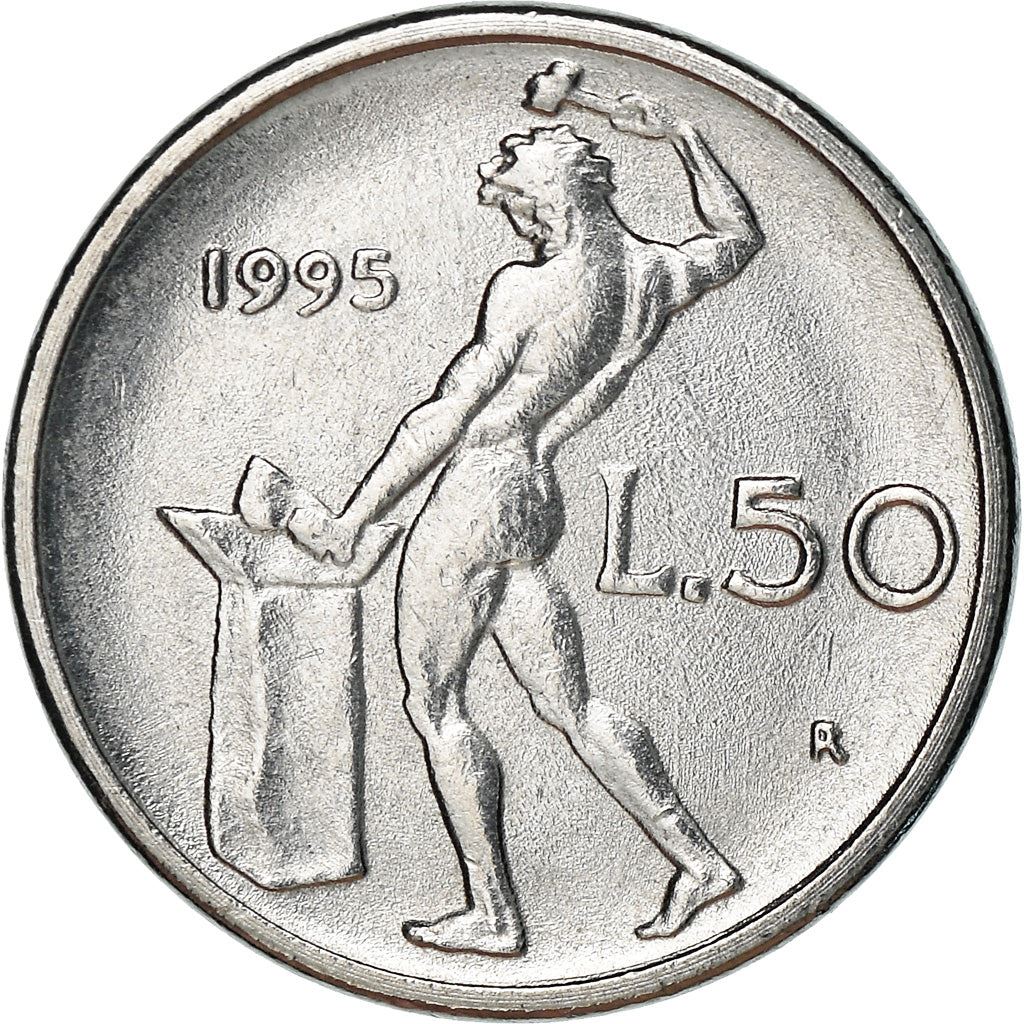 Italy Coin 50 Lire small type | Libertine | God Vulcan | Iron | Anvil | KM95.2 | 1990 - 1995
