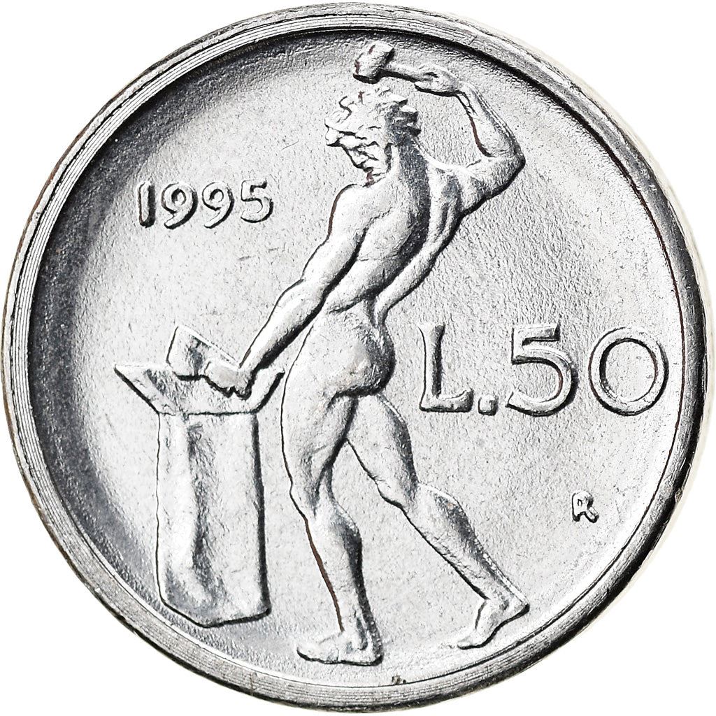 Italy Coin 50 Lire small type | Libertine | God Vulcan | Iron | Anvil | KM95.2 | 1990 - 1995