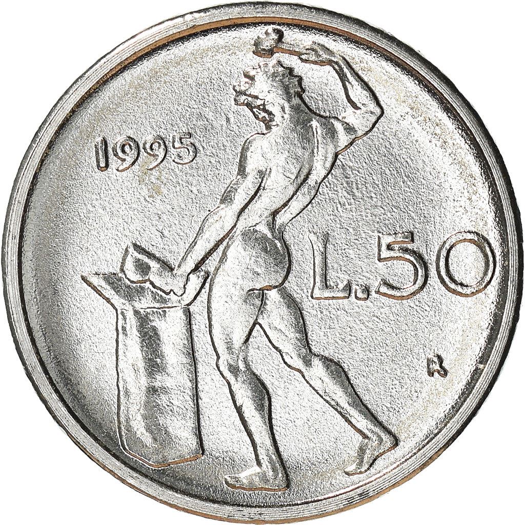 Italy Coin 50 Lire small type | Libertine | God Vulcan | Iron | Anvil | KM95.2 | 1990 - 1995