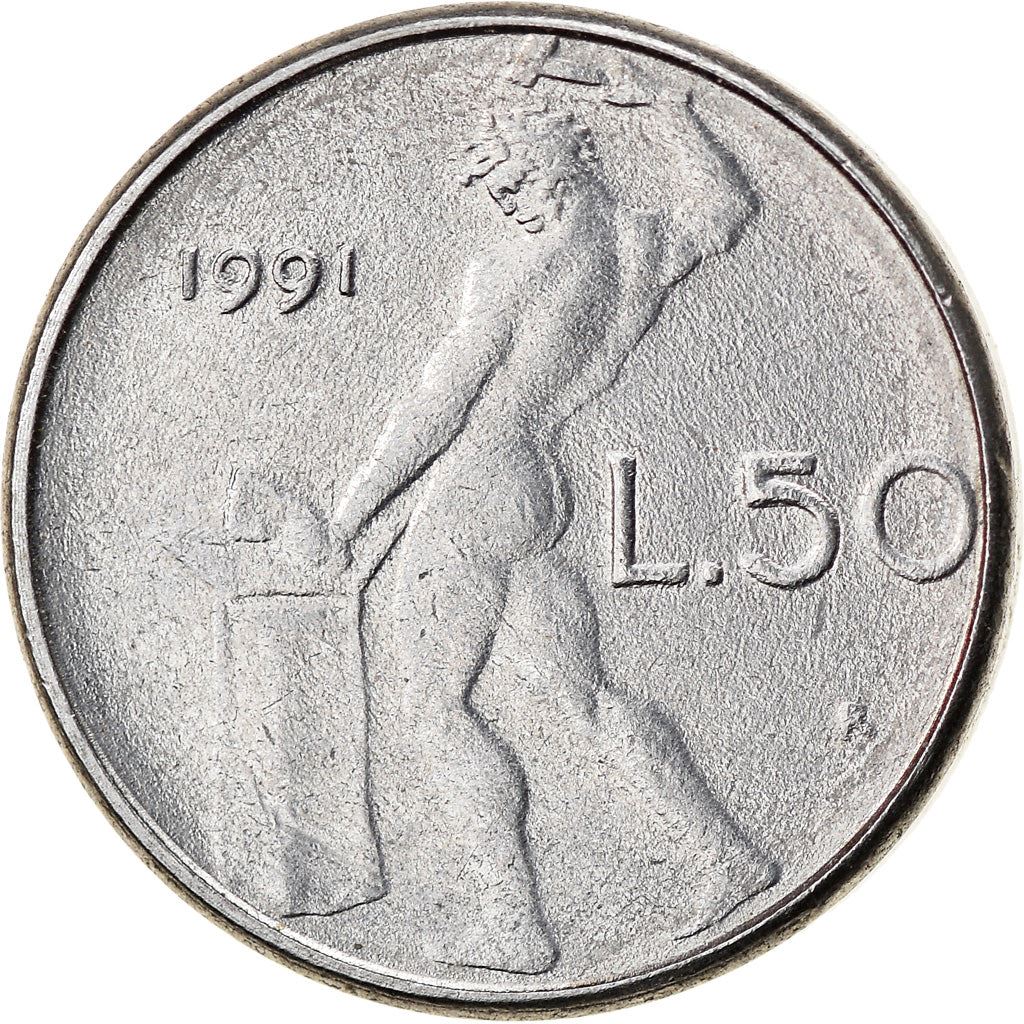 Italy Coin 50 Lire small type | Libertine | God Vulcan | Iron | Anvil | KM95.2 | 1990 - 1995