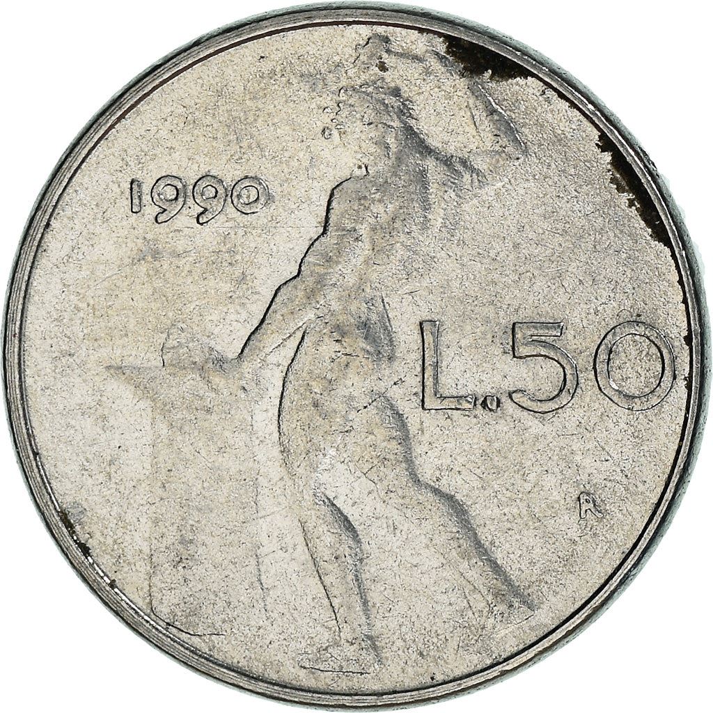 Italy Coin 50 Lire small type | Libertine | God Vulcan | Iron | Anvil | KM95.2 | 1990 - 1995