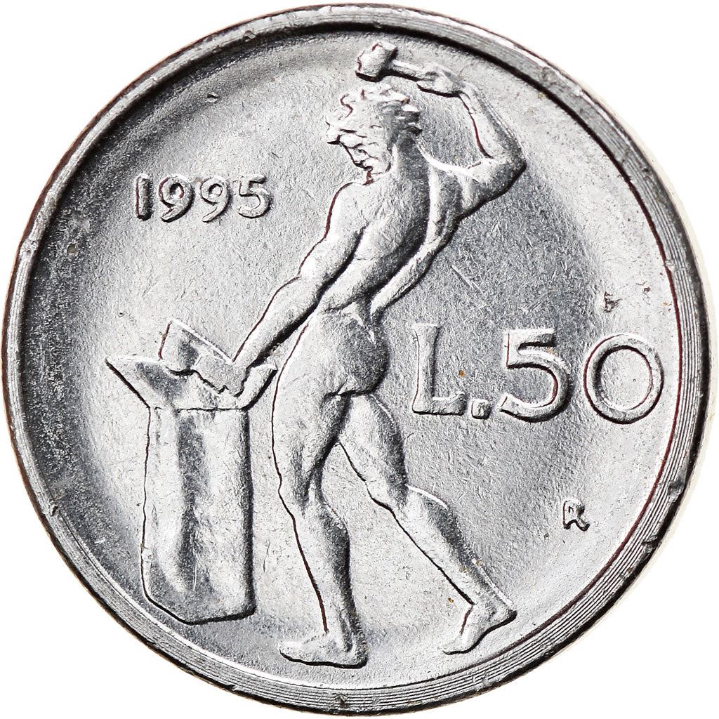 Italy Coin 50 Lire small type | Libertine | God Vulcan | Iron | Anvil | KM95.2 | 1990 - 1995