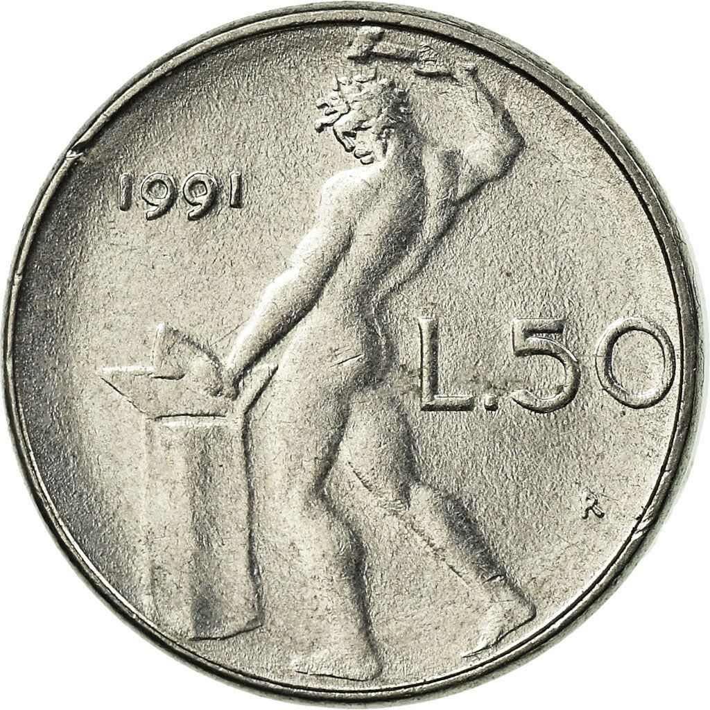 Italy Coin 50 Lire small type | Libertine | God Vulcan | Iron | Anvil | KM95.2 | 1990 - 1995