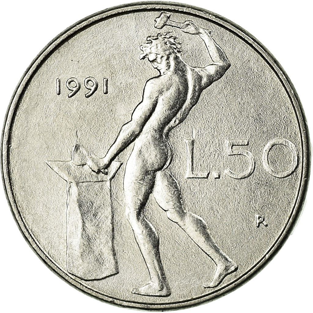 Italy Coin 50 Lire small type | Libertine | God Vulcan | Iron | Anvil | KM95.2 | 1990 - 1995