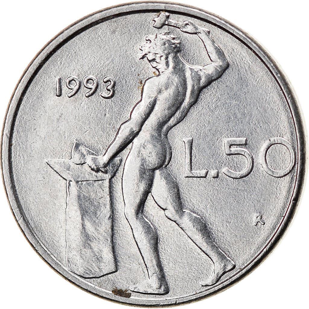 Italy Coin 50 Lire small type | Libertine | God Vulcan | Iron | Anvil | KM95.2 | 1990 - 1995