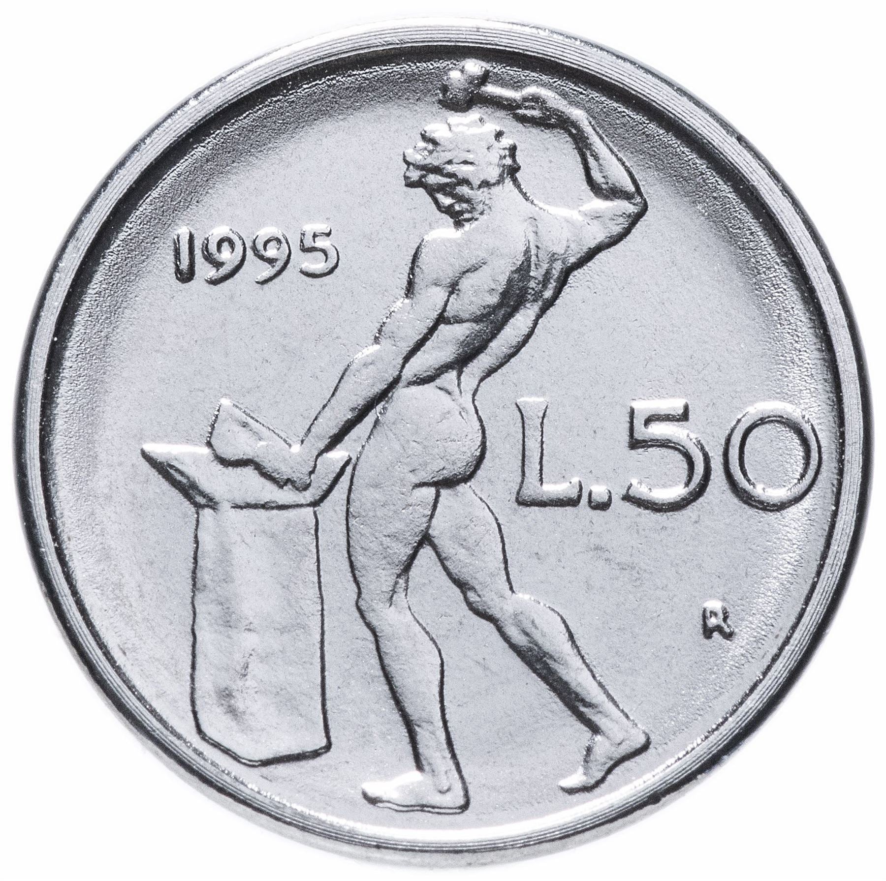 Italy Coin 50 Lire small type | Libertine | God Vulcan | Iron | Anvil | KM95.2 | 1990 - 1995