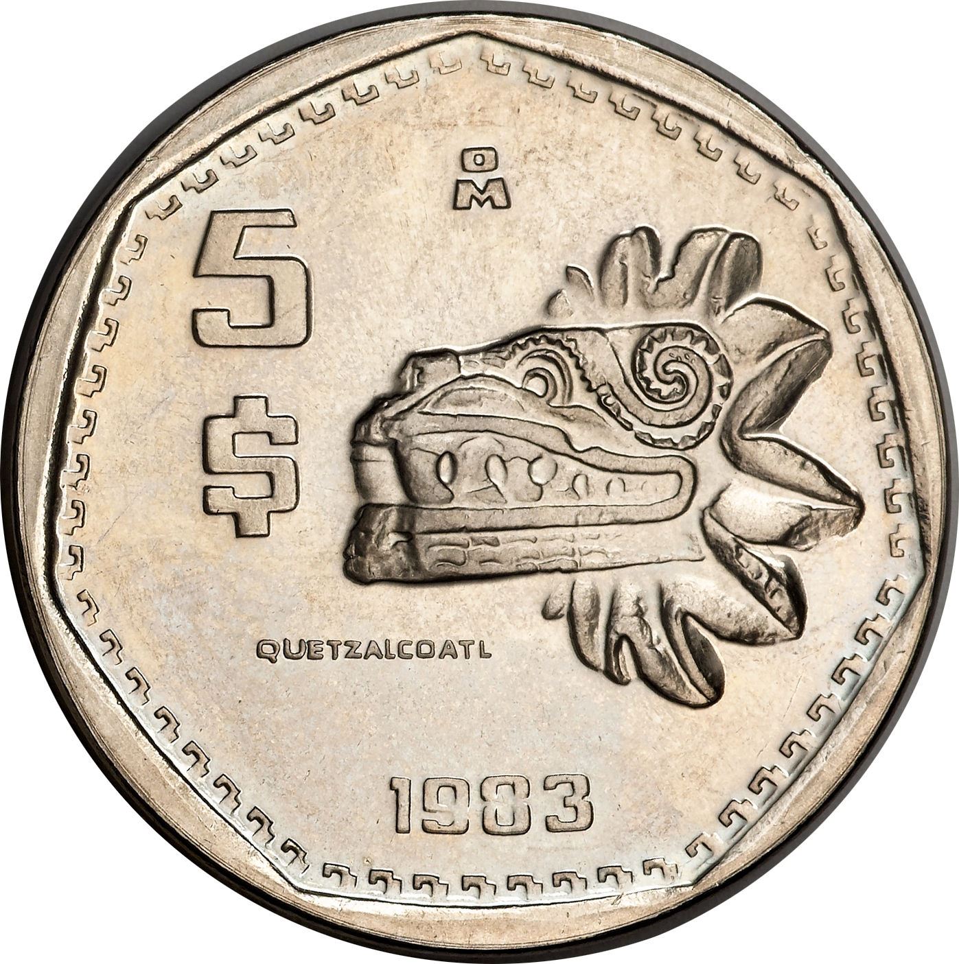 Mexico 5 Pesos | feathered serpent god Quetzalcoatl Coin | KM485 | 198