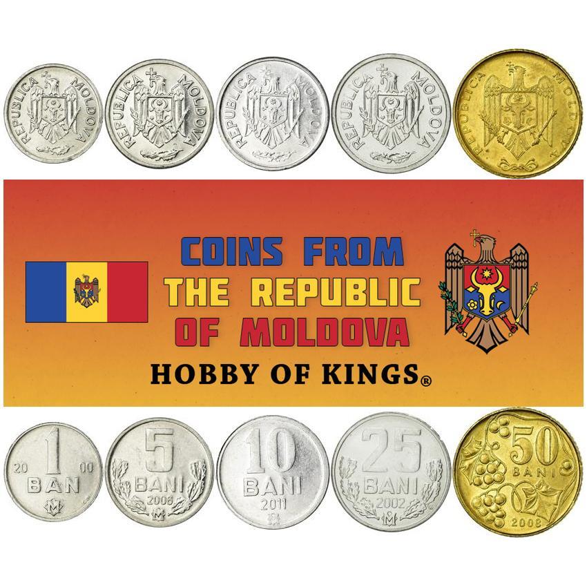 Moldova 5 Coin UNC Set – 1, 5, 10, 25, 50 Bani | Uncertified World Currency