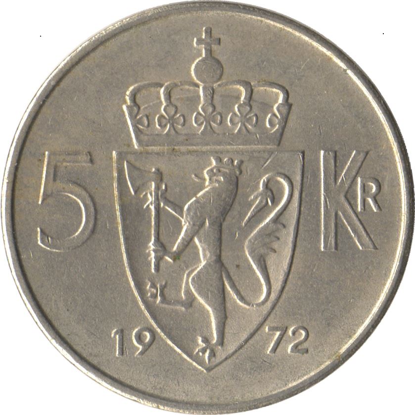 Norway | 5 Kroner Coin | Olav V | Type 1 | KM412 | 1963 - 1973