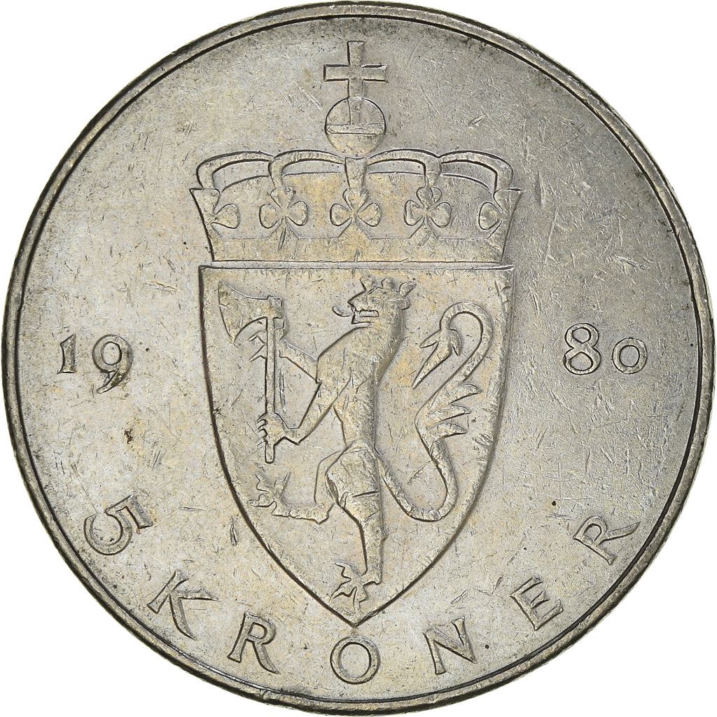 Norway 5 Kroner - Olav V Type 2 Coin KM420 1974 - 1988