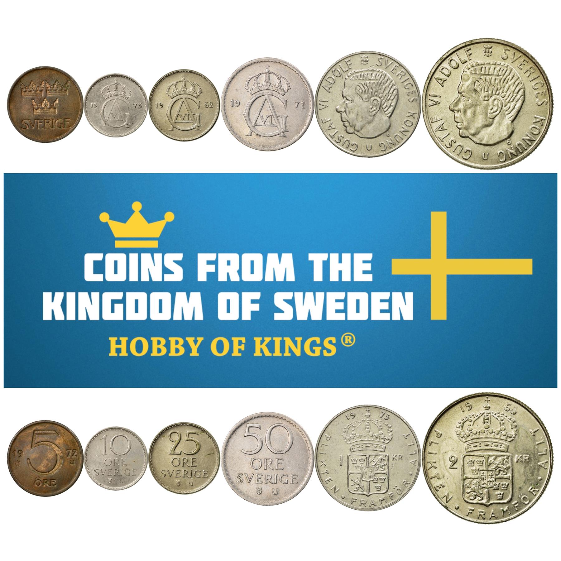 Swedish 6 Coin Set 5 10 25 50 Öre 1 2 Kronor | Carl XVI Gustaf | Three Crowns | Sweden | 1962 - 1973