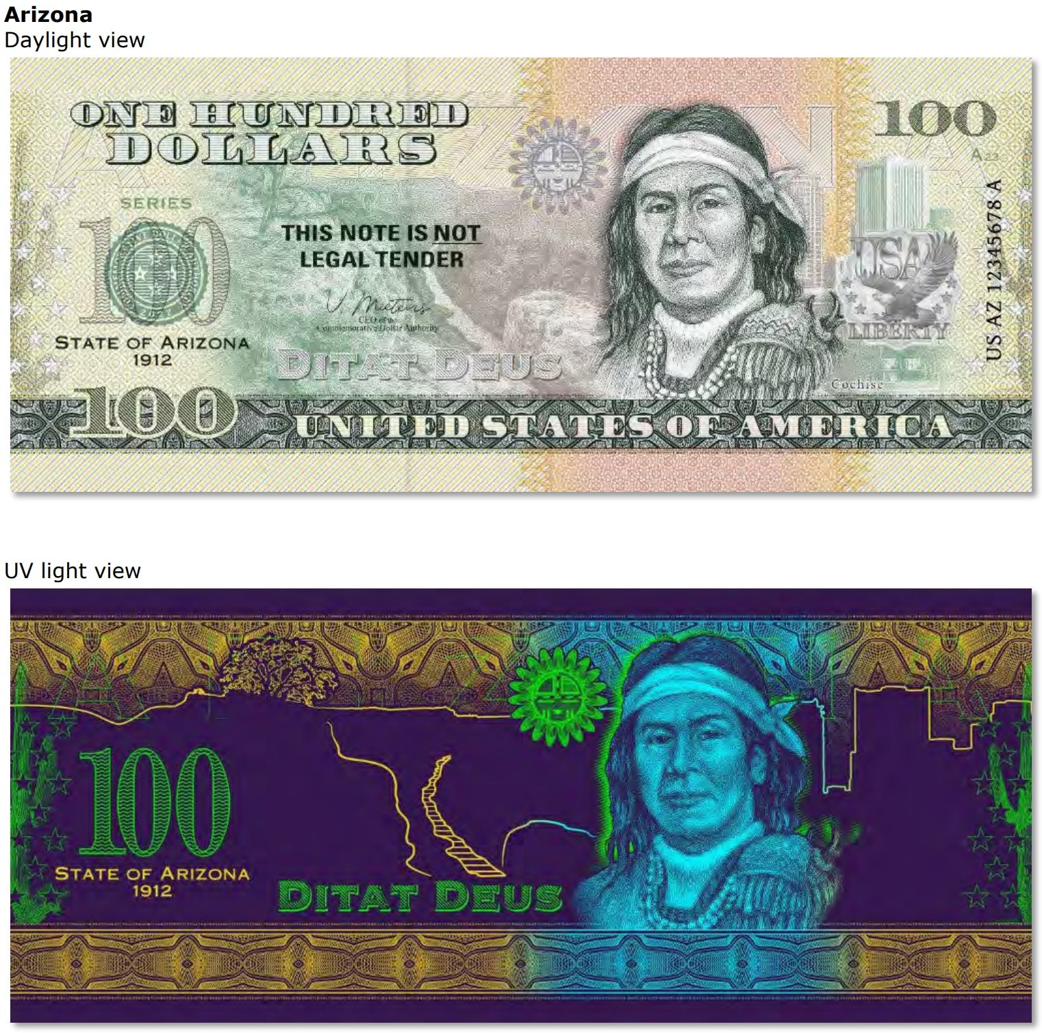 USA 100 Dollar Note | Arizona Commemorative Souvenir | Cochise | Grand Canyon | Phoenix Skyline | The 50 U.S. States Edition