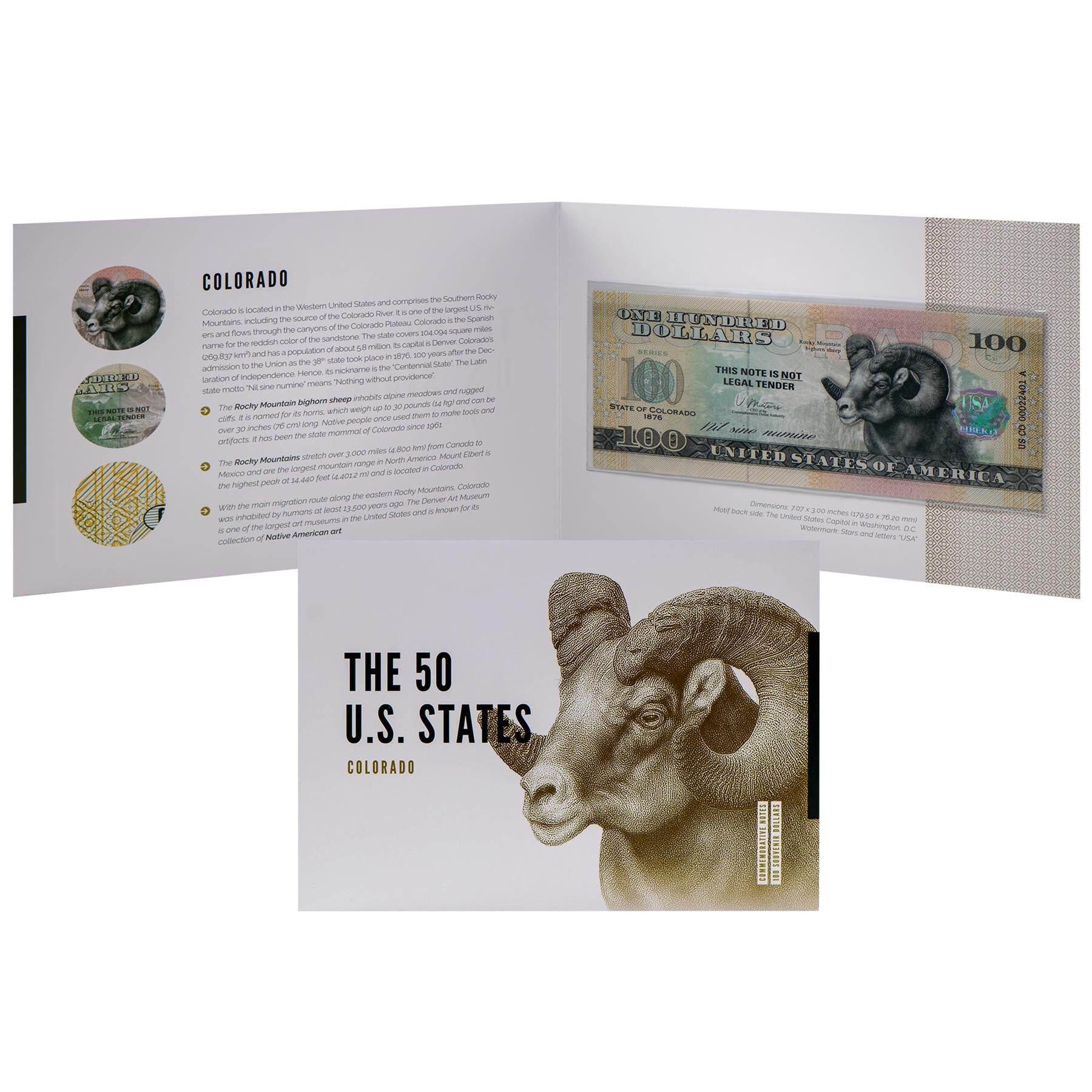USA 100 Dollar Note | Colorado Commemorative Souvenir | Rocky Mountain Bighorn Sheep | Rocky Mountains Landscape | The 50 U.S. States Edition
