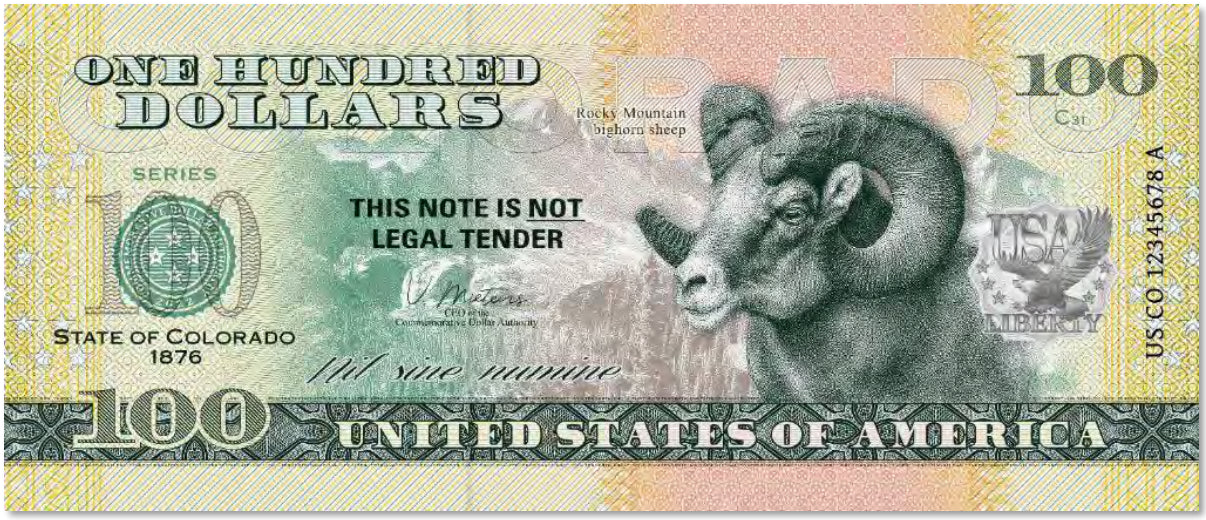 USA 100 Dollar Note | Colorado Commemorative Souvenir | Rocky Mountain Bighorn Sheep | Rocky Mountains Landscape | The 50 U.S. States Edition