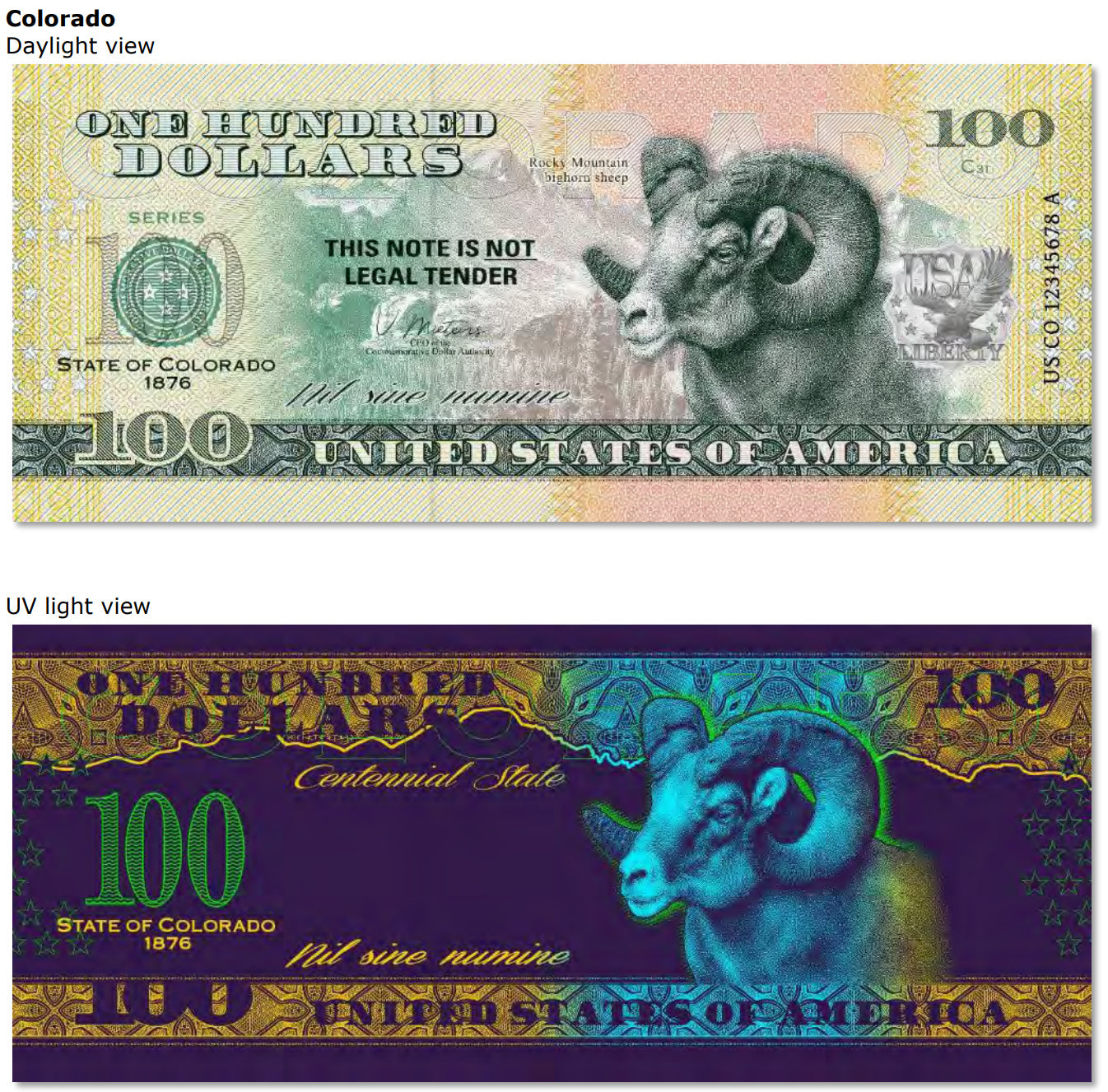 USA 100 Dollar Note | Colorado Commemorative Souvenir | Rocky Mountain Bighorn Sheep | Rocky Mountains Landscape | The 50 U.S. States Edition