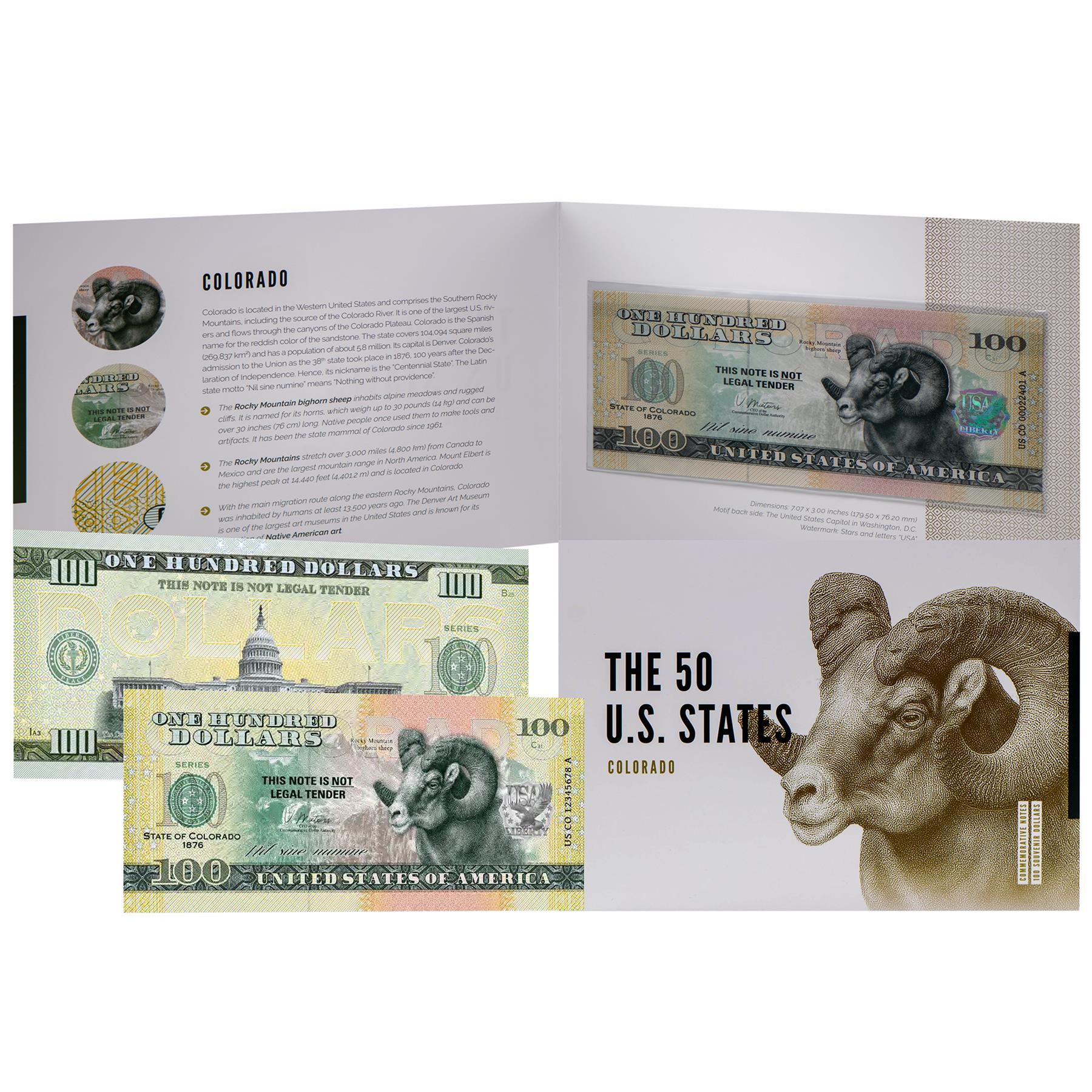 USA 100 Dollar Note | Colorado Commemorative Souvenir | Rocky Mountain Bighorn Sheep | Rocky Mountains Landscape | The 50 U.S. States Edition