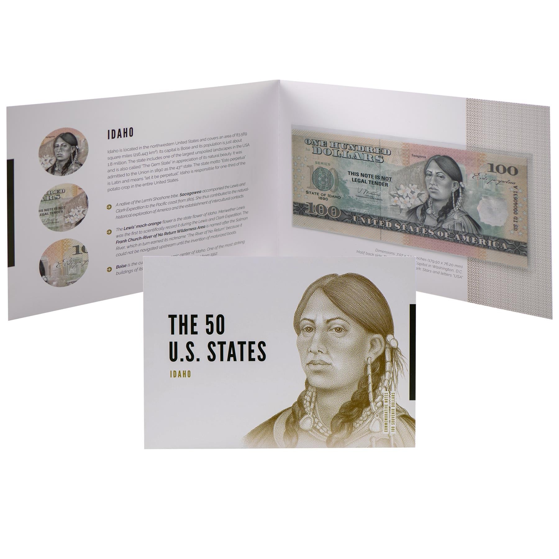 USA 100 Dollar Note | Idaho Commemorative Souvenir | Sacagawea | Frank Church-River of No Return Wilderness | Lewis' Mock-Orange Flowers | The 50 U.S. States Edition