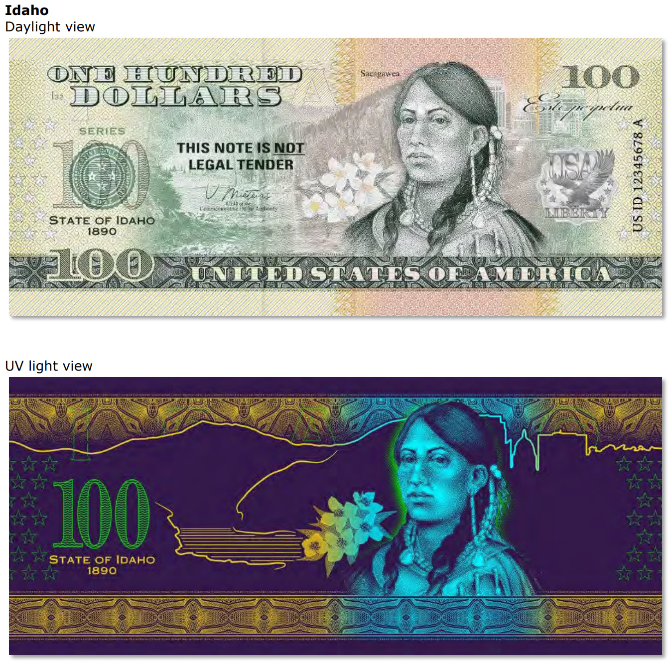 USA 100 Dollar Note | Idaho Commemorative Souvenir | Sacagawea | Frank Church-River of No Return Wilderness | Lewis' Mock-Orange Flowers | The 50 U.S. States Edition