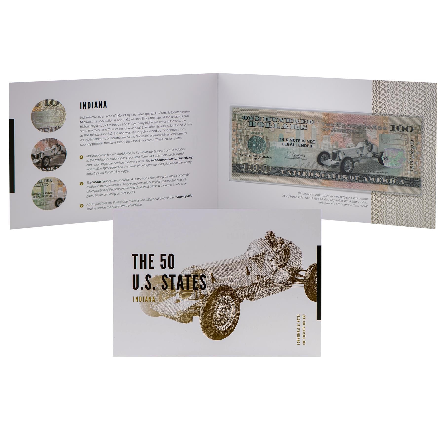 USA 100 Dollar Note | Indiana Commemorative Souvenir | Carl Fisher Portrait | Indianapolis Speedway | The 50 U.S. States Edition