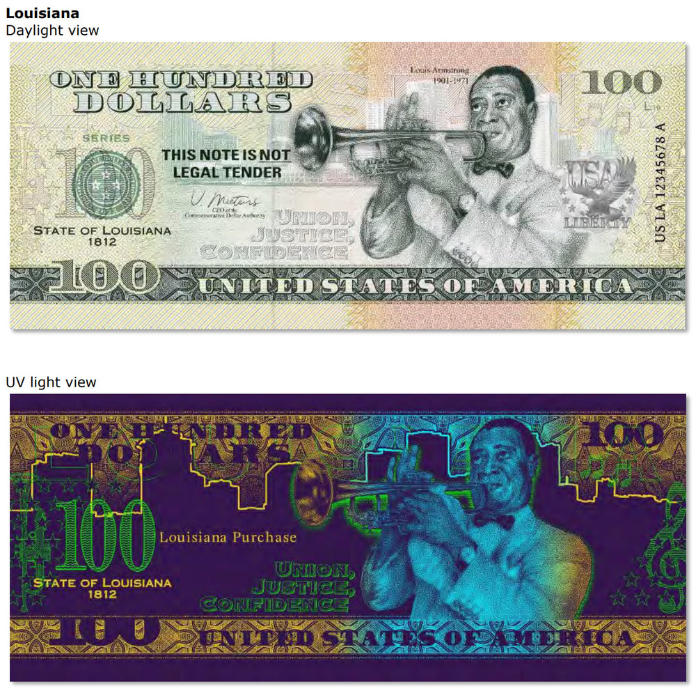 USA 100 Dollar Note | Louisiana Commemorative Souvenir | Louis Armstro