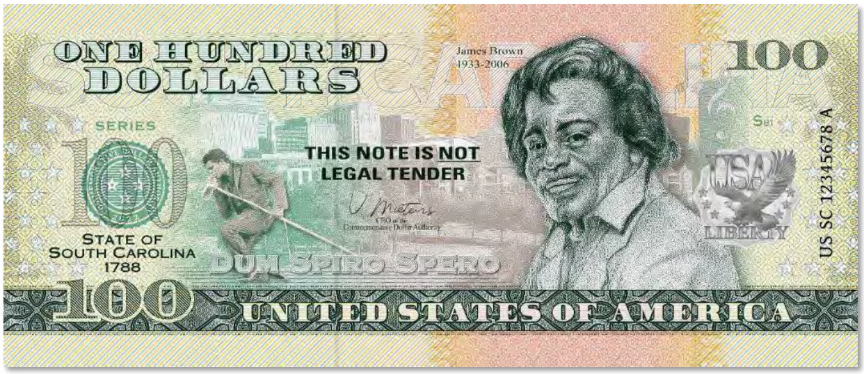 USA 100 Dollar Note | South Carolina Commemorative Souvenir | James Brown | Palmetto Palm Tree | Columbia Skyline | The 50 U.S. States Edition