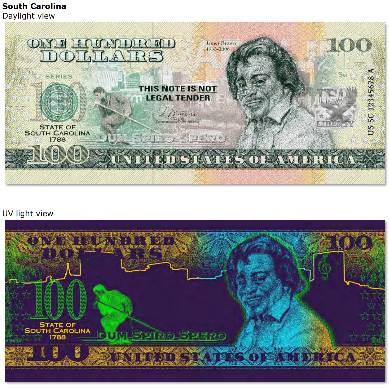 USA 100 Dollar Note | South Carolina Commemorative Souvenir | James Brown | Palmetto Palm Tree | Columbia Skyline | The 50 U.S. States Edition