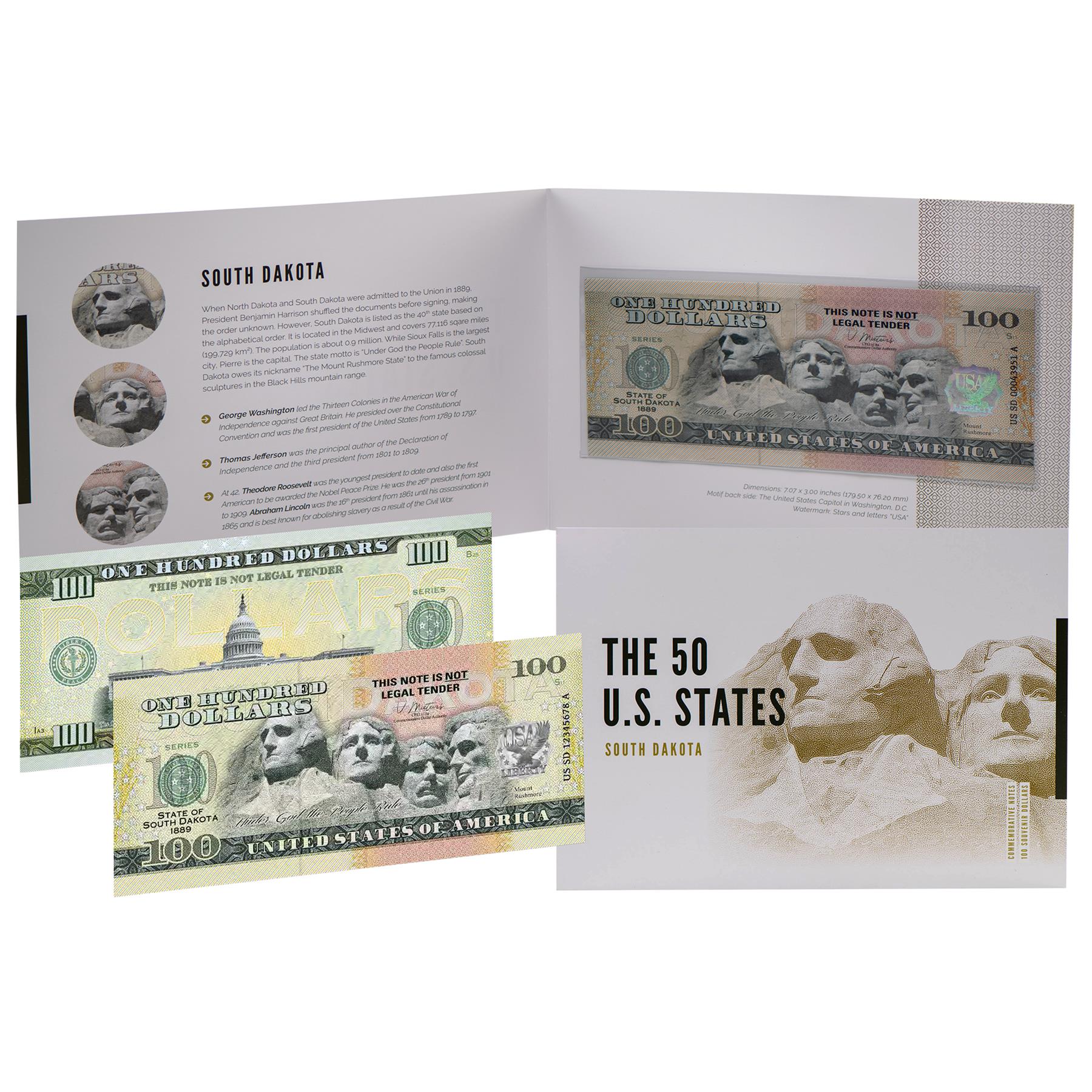 USA 100 Dollar Note | South Dakota Commemorative Souvenir | Mount Rushmore | The 50 U.S. States Edition