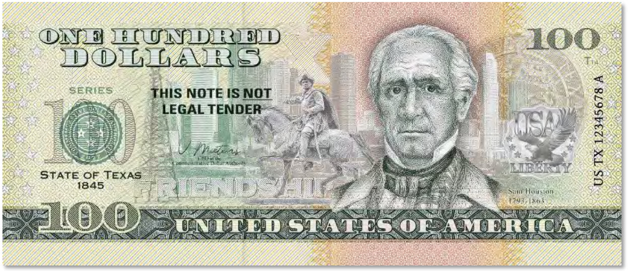 Texas Notes USA 100 Dollar Note | Texas Commemorative Souvenir | Sam Houston | Hou