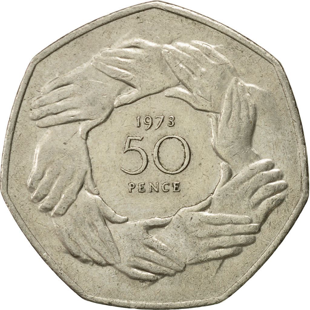 英国 | 50便士硬币 | 伊丽莎白二世女王 | 加入欧洲经济共同体 | Km:918 | 1973