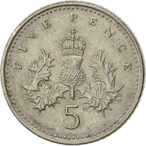United Kingdom Coin 5 Pence | Elizabeth II 3rd portrait | large type | 1985 - 1990