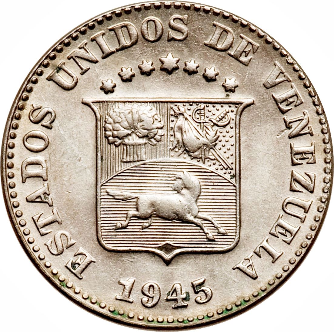 Venezuela | 5 Centimos Coin | Palomo Horse | Wreath | KM29a | 1945 - 1