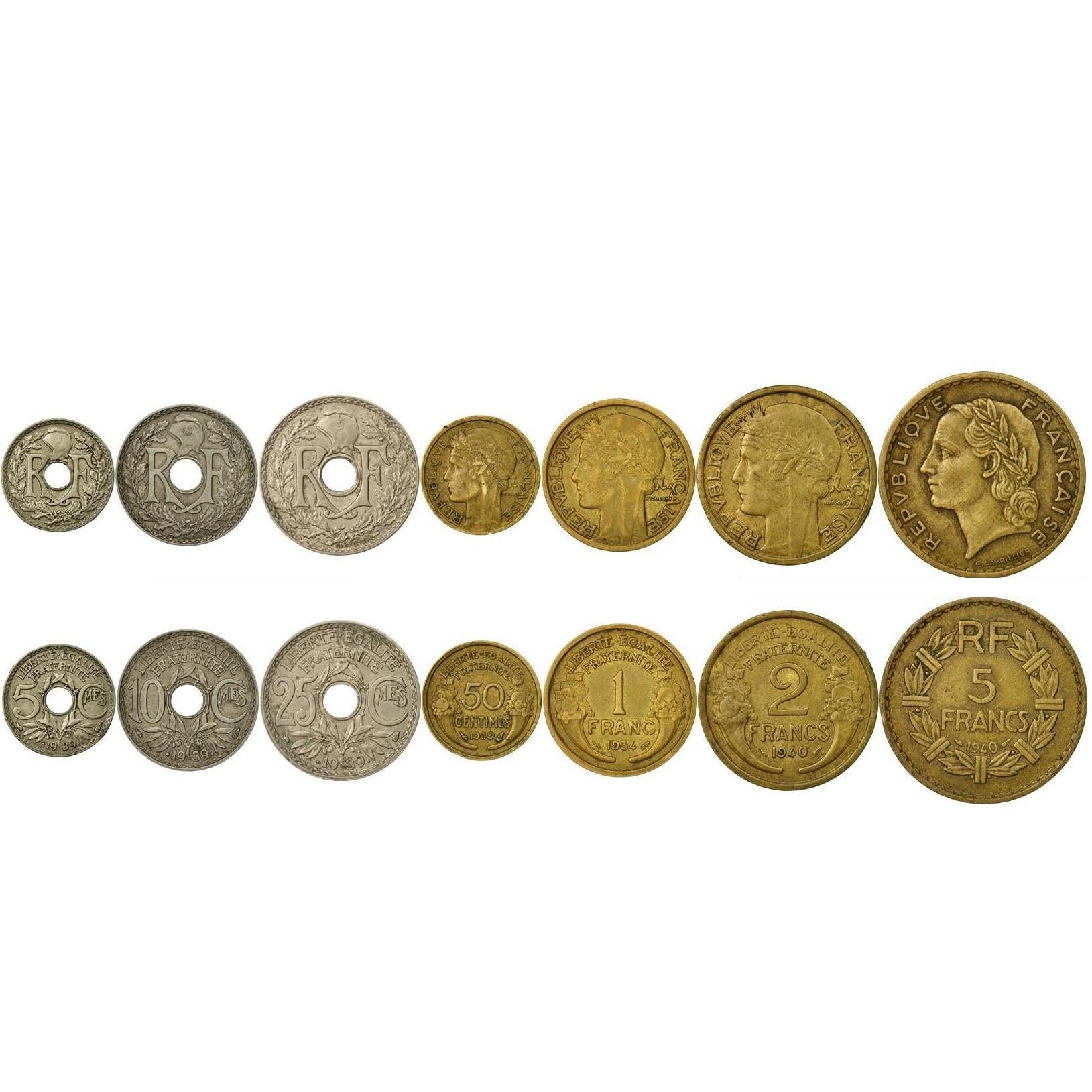 France | 7 Coin Set | 5 10 25 50 Centimes 1 2 5 Francs | Phrygian cap