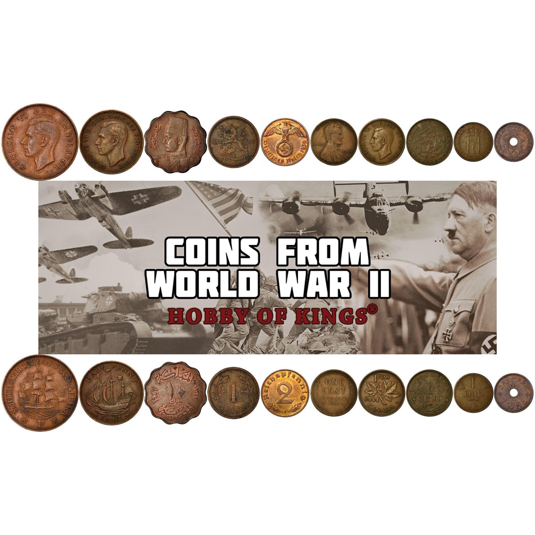 WWII Bronze Coin Set - 10 Vintage Wartime Coins from 1939-1945 - Historic Bronze Currency from Allied and Axis Powers - World War II Numismatic Collection