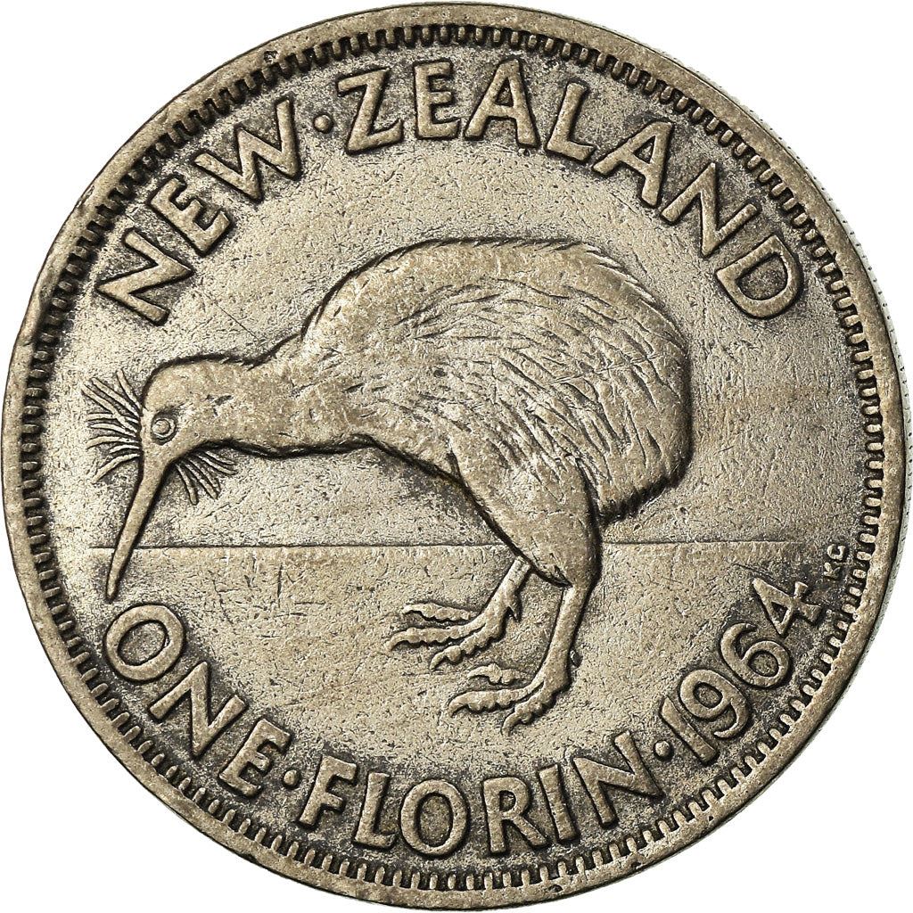 Moneta New Zealander 1 Florin | Królowa Elżbieta II | Ptak Kiwi | KM28 | 1953 - 1965