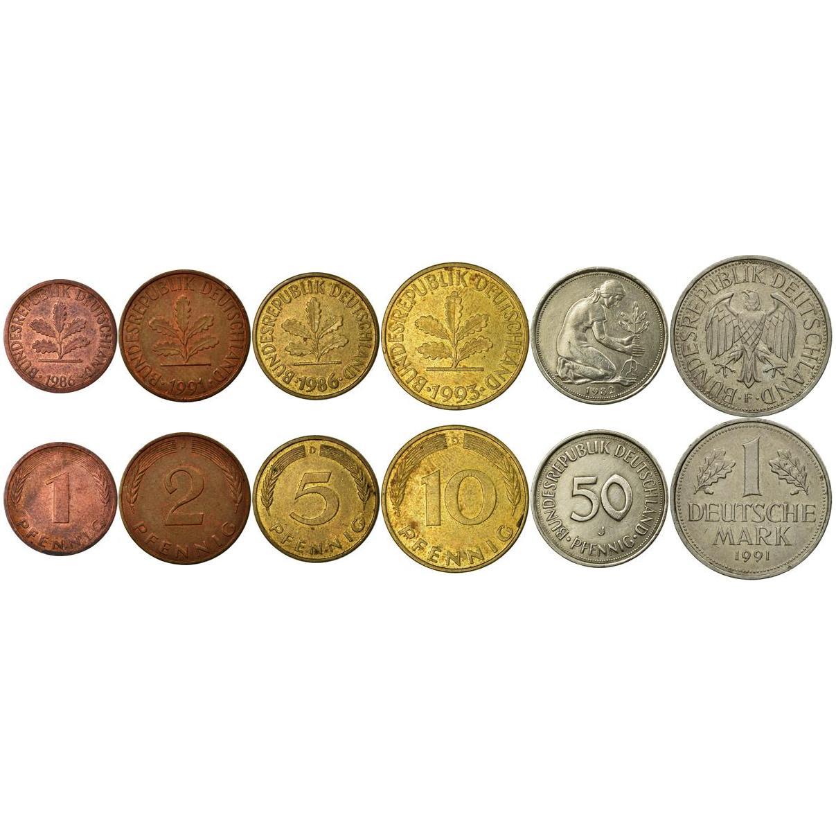 Federal Republic of Germany | 6 Coin Set | 1 2 5 10 50 Pfennig 1 Deutsche Mark | 1950 - 2001
