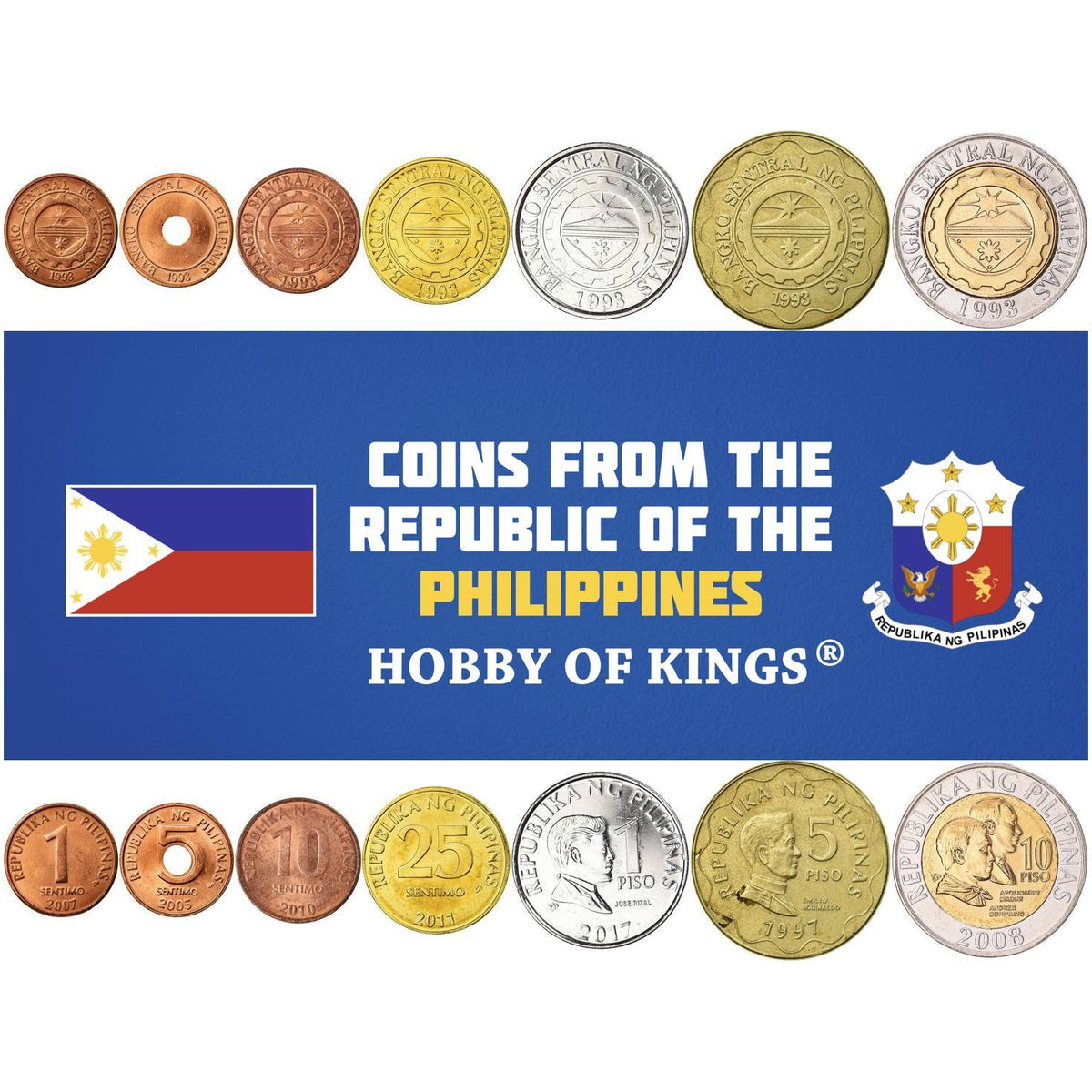 Philippines | 7 Coin Set | 1 5 10 25 Sentimos 1 5 10 Peso | 1995 - 2017