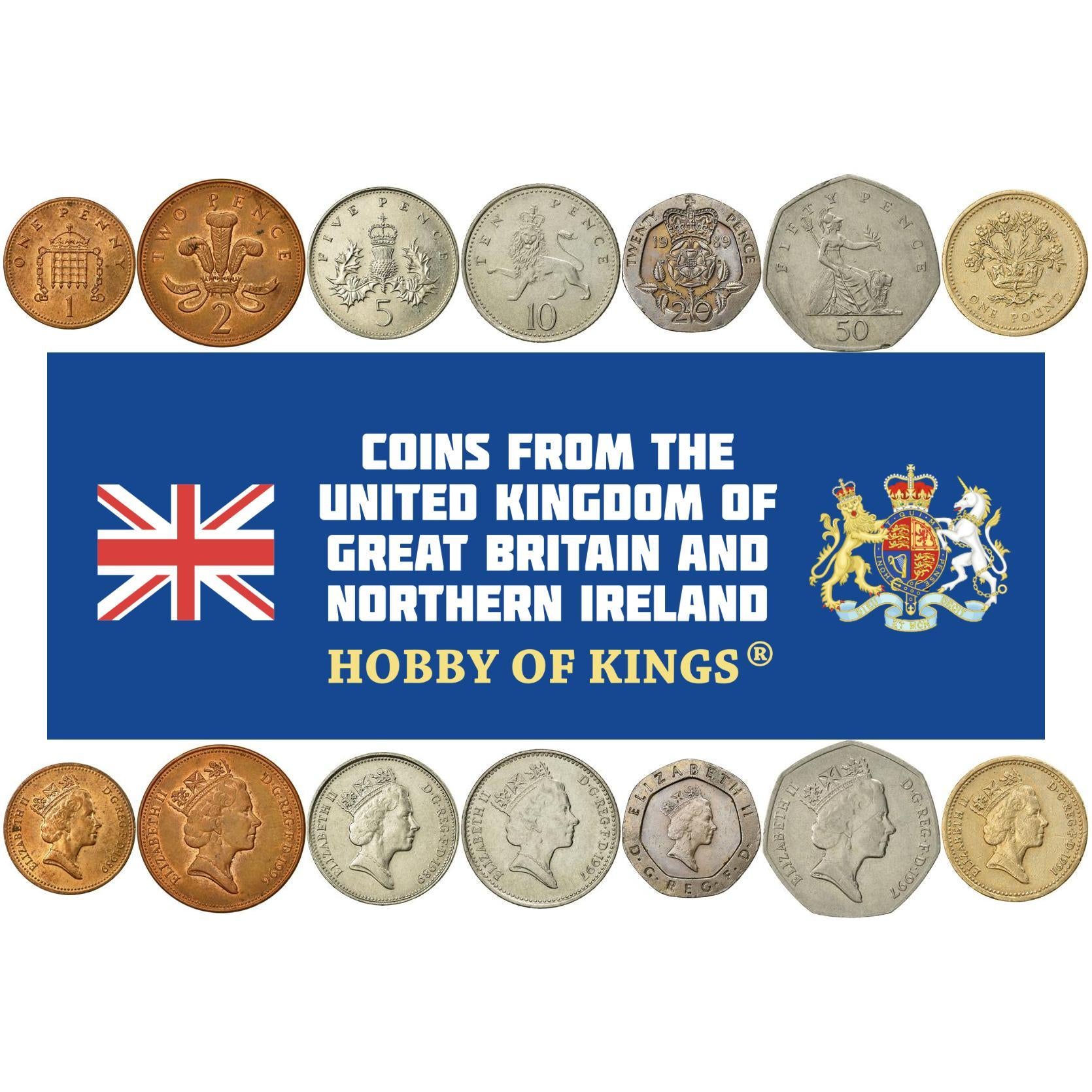 United Kingdom | 7 Coin Set | 1 Penny 2 5 10 20 50 Pence 1 Pound | 1985 - 1997