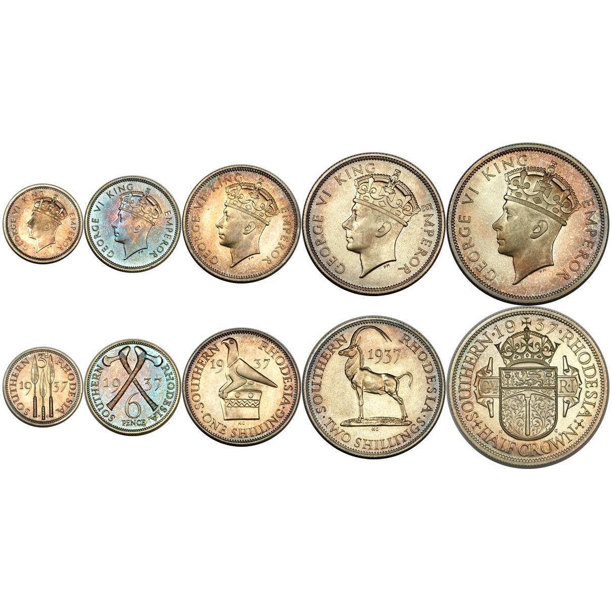 Southern Rhodesia | 5 Coin Set | 3 6 Pence 1 Shilling 2 Shillings 1/2 Crown | 1937