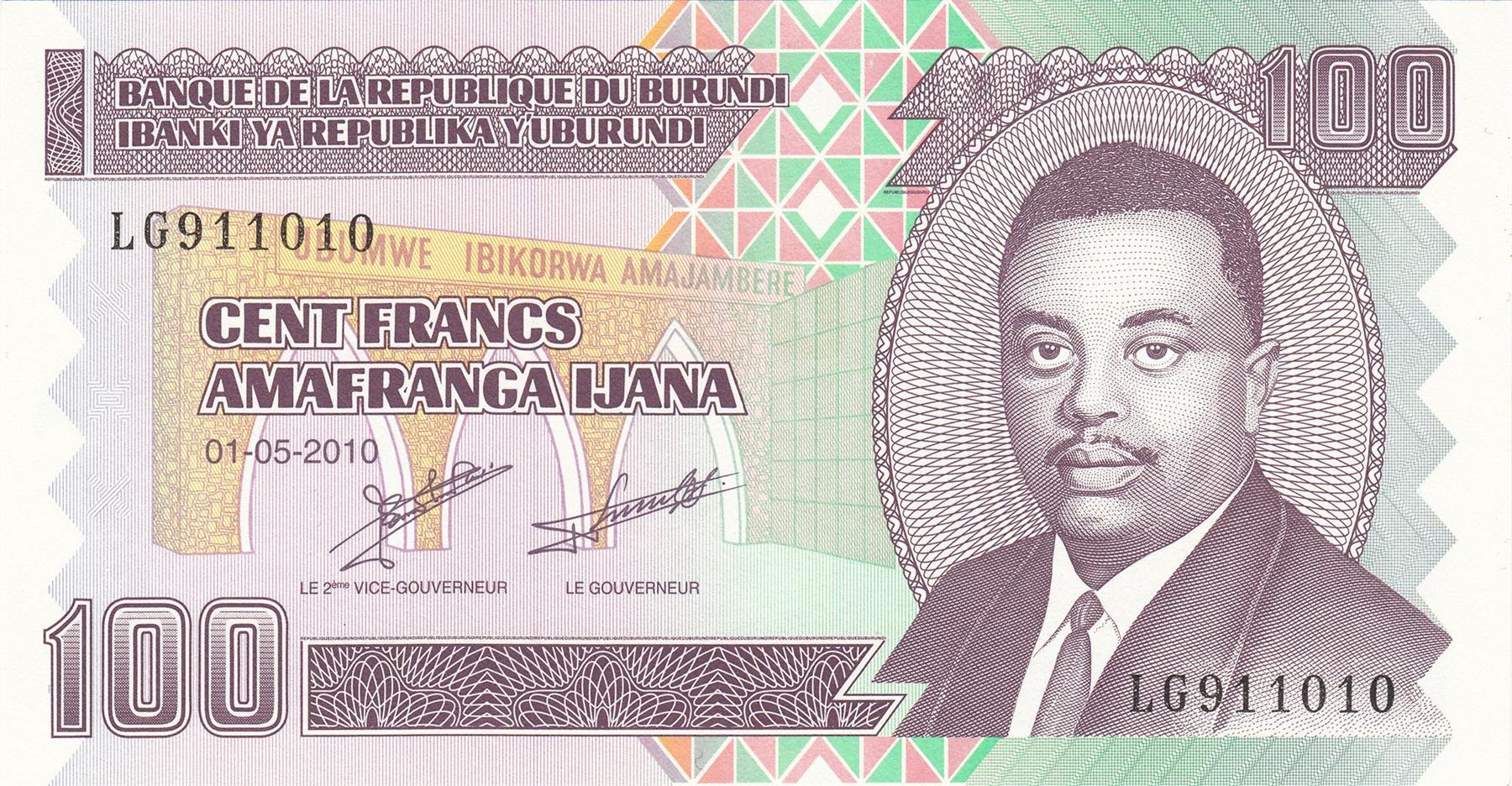Burundi | 100 Francs Banknote | 2010 - 2024 | Prince Rwagasore | Builders | Banana Plant
