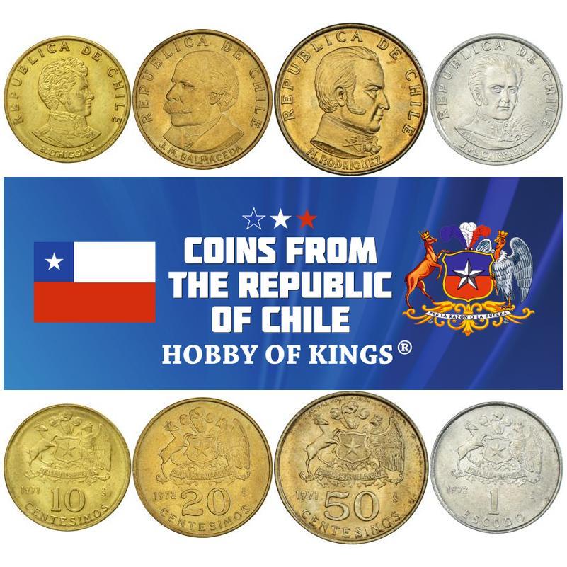 Chile | 4 Møntsæt | 10 20 50 Centesimos 1 Escudo | Bernardo O'Higgins | Chiles Våbenskjold | José Manuel Balmaceda Fernández | Manuel Javier Rodríguez Erdoíza | José Miguel Carrera Verdugo | 1971 - 1972
